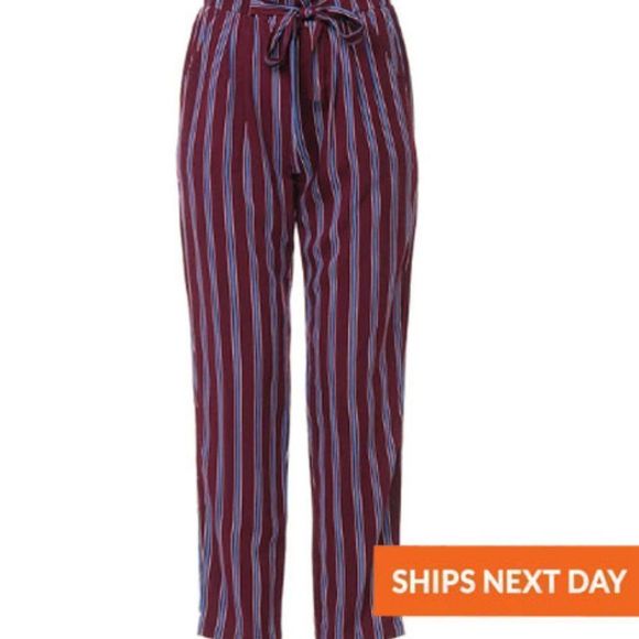 Vertical Stripe Paper-bag Waist Bottom - Paper Bag Waist - High Waist - Picture 1 of 3